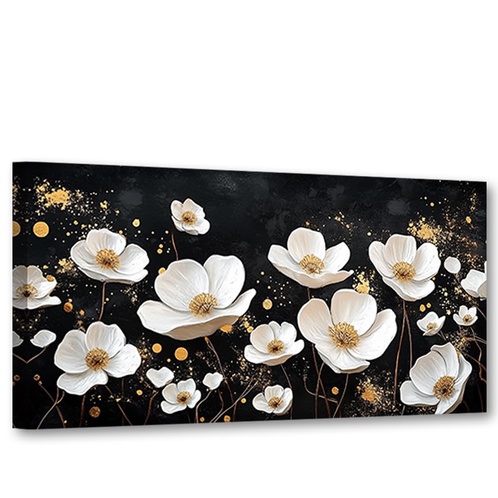 CXHOSTENT Flower Pictures Wall Decor White and Gold Flower Wall Art Modern Floral Canvas Botanical Floral Prints Large Living Room and Bedroom Decor Frame (40.00 x 80.00 cms)