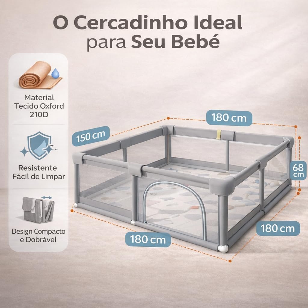150×180×68cm Cercadinho para Bebe Para Bebês e Crianças Pequenas Chiqueirinho Bebe Para Internos & Externos Cercadinho de Segurança Resistente Para Bebês com Malha Macia e Respirável