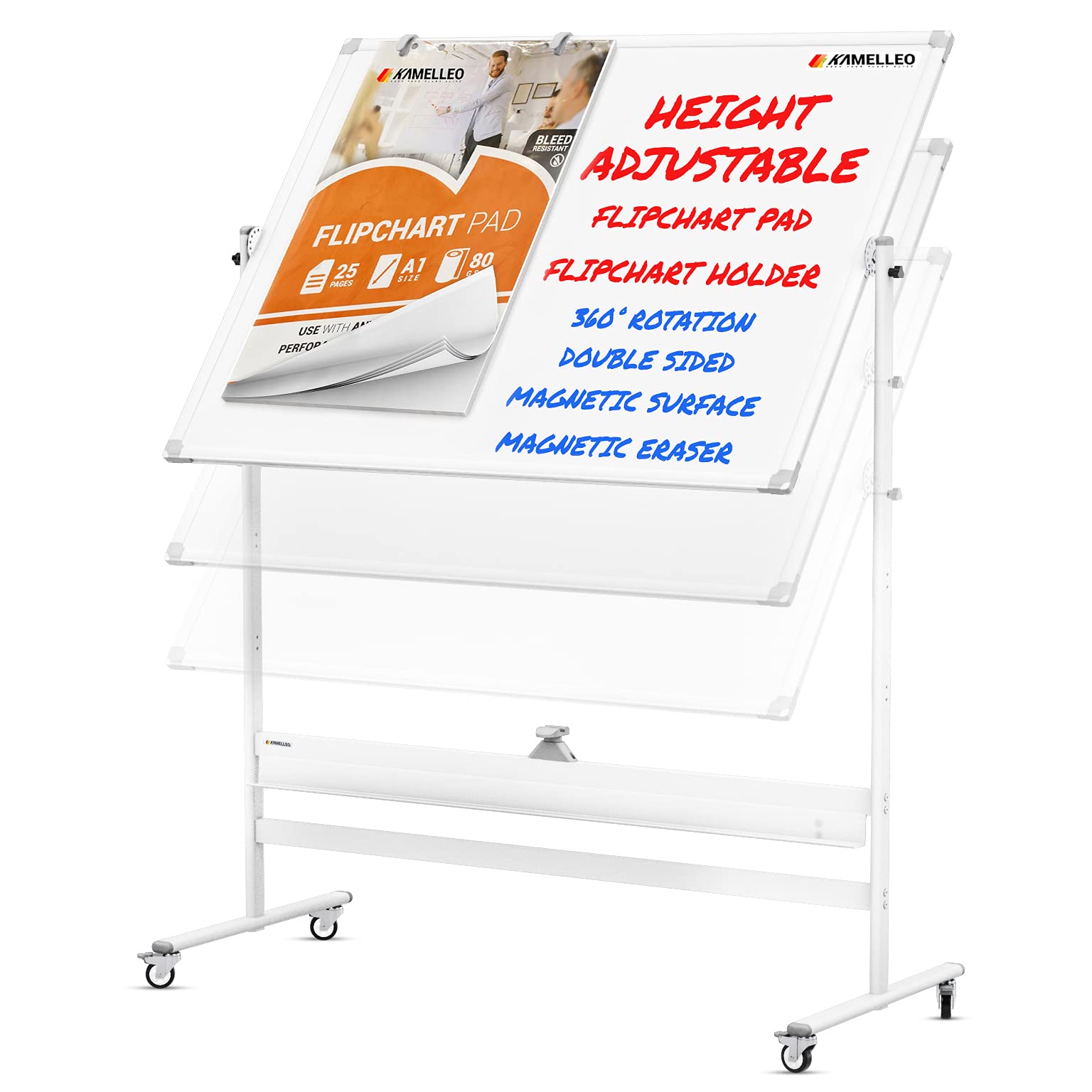 Buy Mobile Whiteboard 48x36 Large Height Adjust 360° Rolling Double