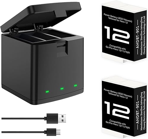 2 Enduro Batteries Compatible with Gopro Hero 12 Black with 3 Channel Charger Power Battery for Gopro12 11 10 9 Portable Charger Accessory for Go