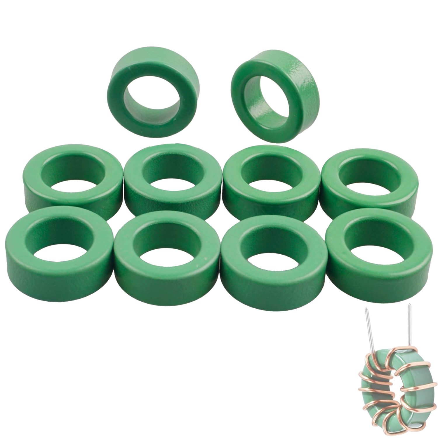 10 Pack Green Power Transformer Ferrite Toroid Cores,Restraining Interference, Toroid Ferrite Core for Inductor Coils.(22 x 14 x 8mm)