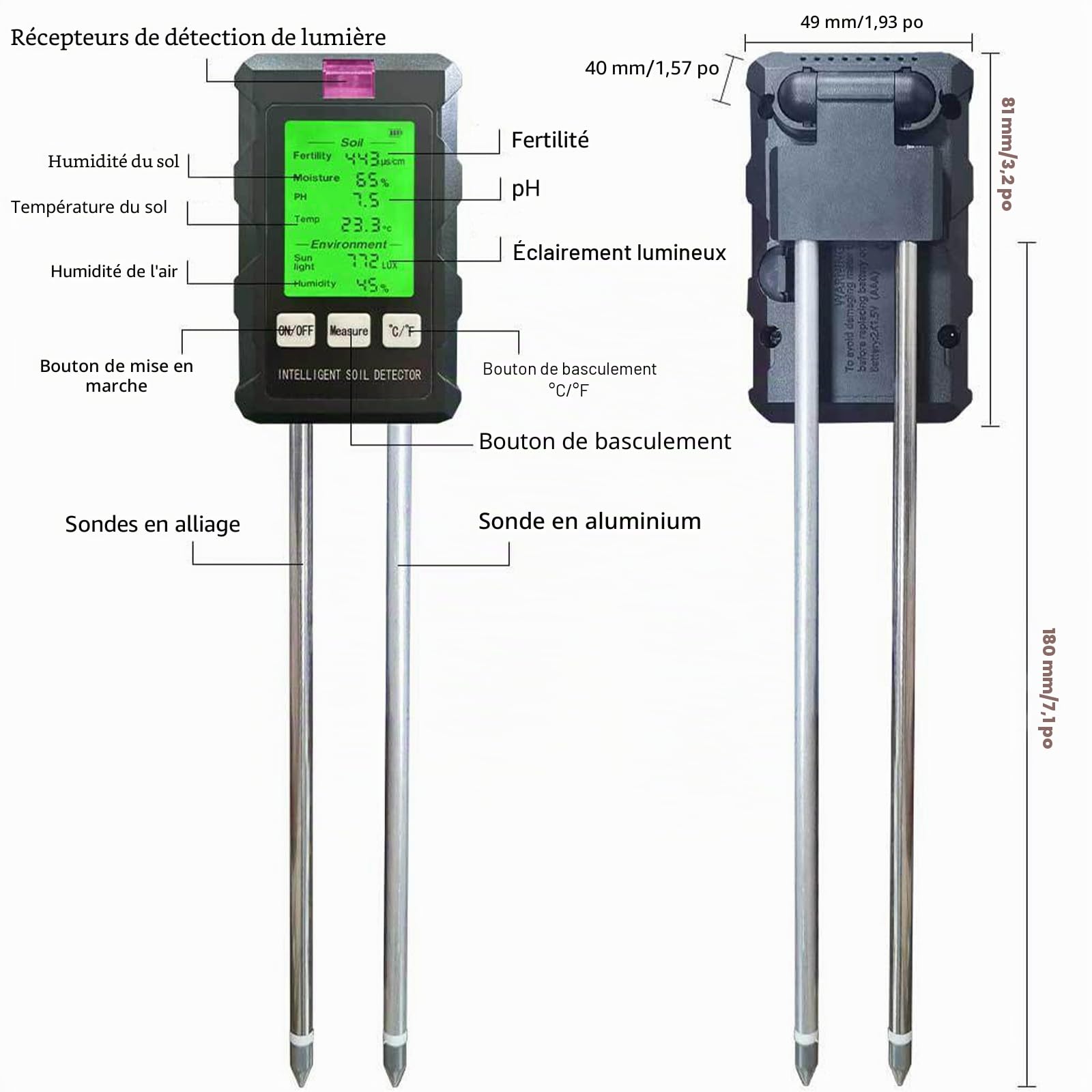 Testeur de pH du Sol 6 en 1, Hygrometre Plante pour Sol/humidité/ph/température/lumière/humidité ambiante, avec Double Sonde et Pliable à 90 ° écran LCD pour jardin pelouse et plantes d'intérieur