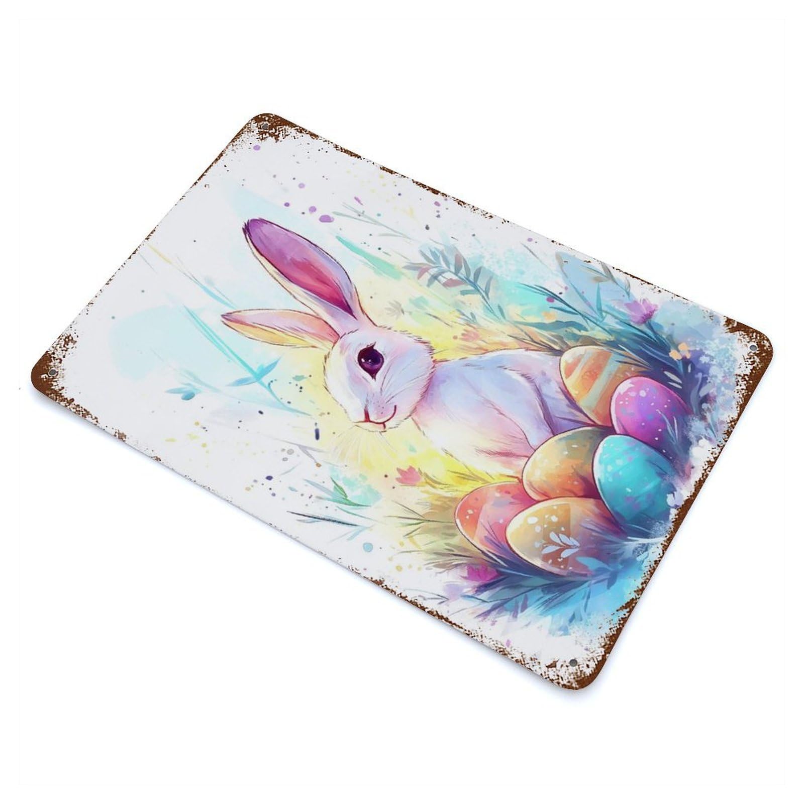 Garage Style Easter Bunny with Eggs Rusty Metal Tin Sign 11.8"x7.9", Farmhouse Wall Decor for Bar And Workshop