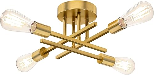 Miniatura 10 de Lámpara de techo semiempotrada de bronce, lámpara industrial Sputnik de 4 luces, lámpara de techo moderna de montaje empotrado para cocina,
