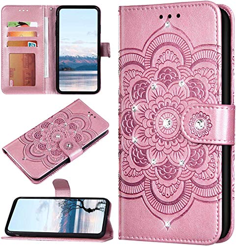 Robinsoni Case Compatible with LG K30 2019 Shiny Case Sparkle Glitter PU Leather Wallet Cover Lavish Bling Diamond Embossed Mandala Printed Book Case Folio Flip Glossy Magnetic Case Roes Gold