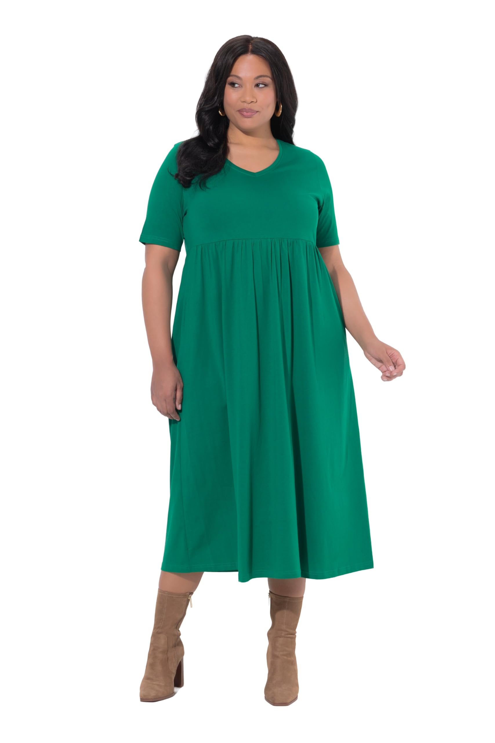 Ulla Popken Damen große Größen Übergrößen Plus Size Maxikleid, A-Linie, Jersey, V-Ausschnitt, Halbarm, Taschen 838189
