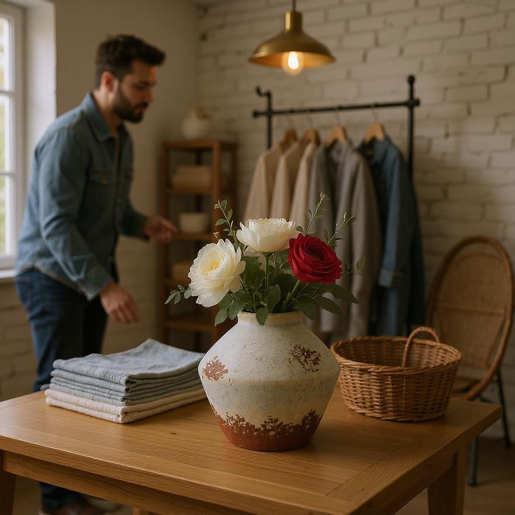 Ceramic Rustic Farmhouse Decor, Pottery Decorative Flower Vases, Boho Vase for Centerpieces,Office, Living Room, Dining Table, Entryway, Shelf, Mantel(Height 6.7 inch-Rustic)
