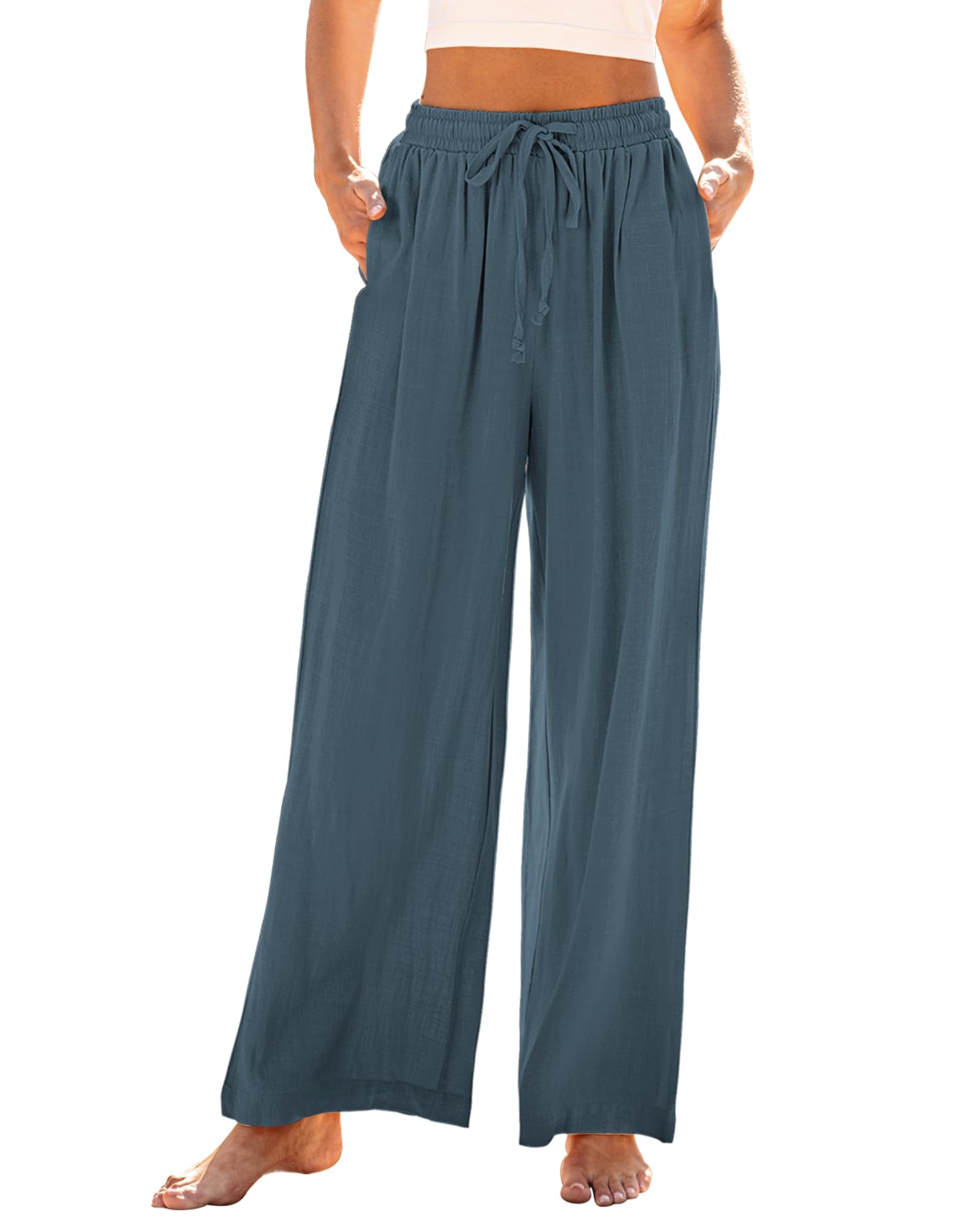 GRAPENT Wide Leg Pants Woman Linen High Waisted Pull On Flowy Casual Baggy Drawstring Palazzo Trousers Pants Resort Wear
