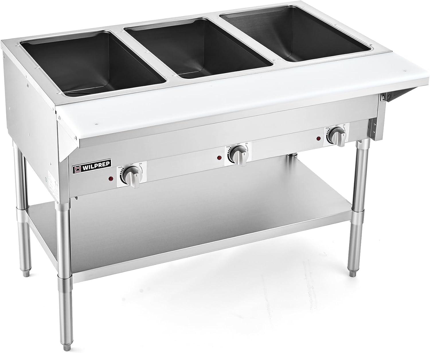WILPREP 3 Well Commercial Food Warmer, 1500W Stainless Steel Steam Table with 8″ Cutting Board & Storage Shelf, 44″ Electric Steam Table Food Warmer with Knob Control for Catering Buffets Restaurants