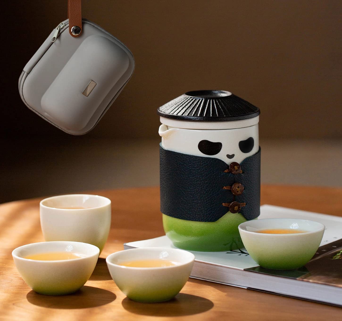 Zestaw do herbaty podróżny, filiżanka do herbaty kung fu Panda z przenośną torbą, 385ml porcelanowy chiński czajniczek z 4 porcelanowymi filiżankami, z sitkiem do herbaty. Do użytku w domu