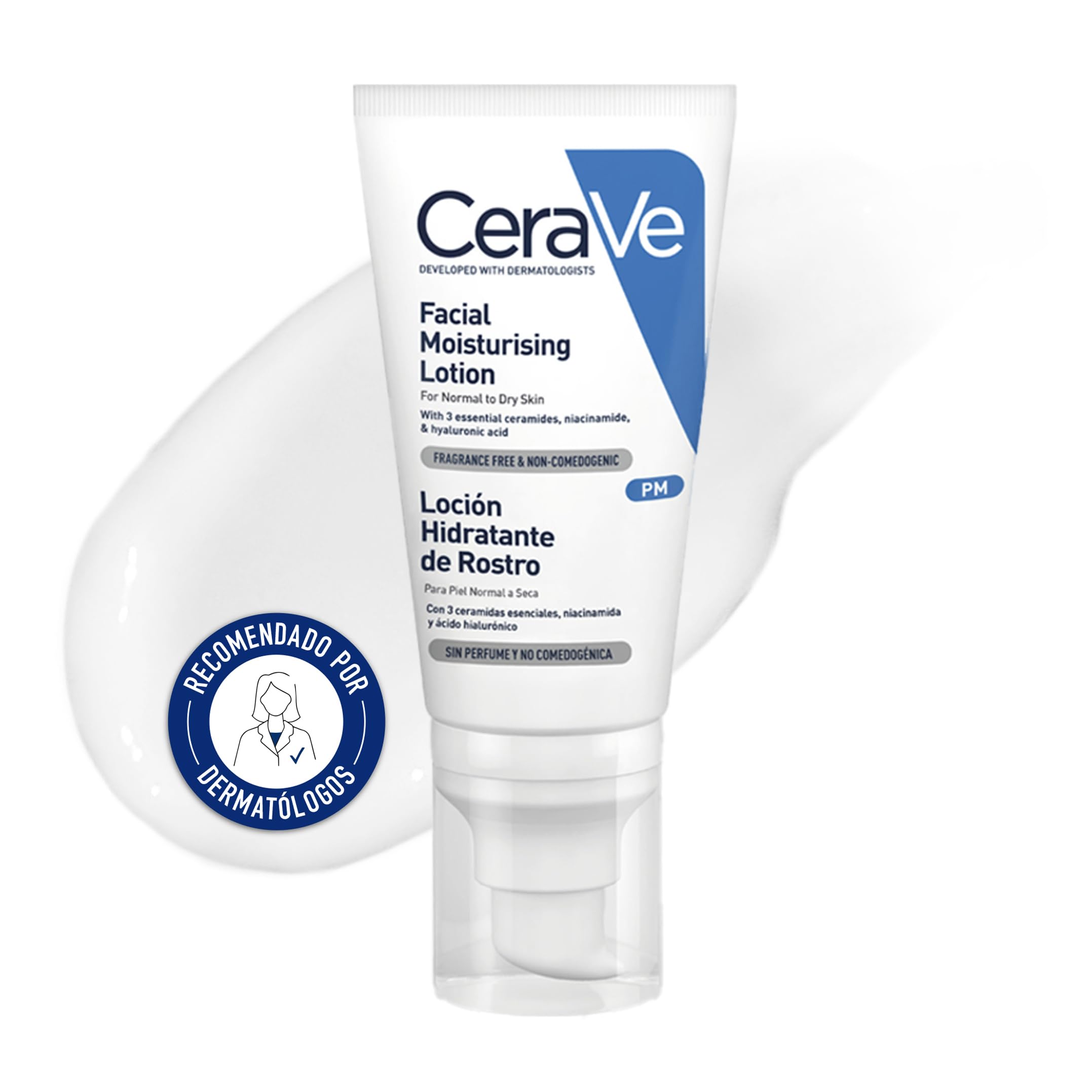 CeraVe, Loción Hidratante de Rostro PM, Hidrata y restaura la barrera protectora de la piel, Enriquecida con Ceramidas Esenciales, Niacinamida y Ácido Hialurónico, Para piel Normal a Seca, 52ml