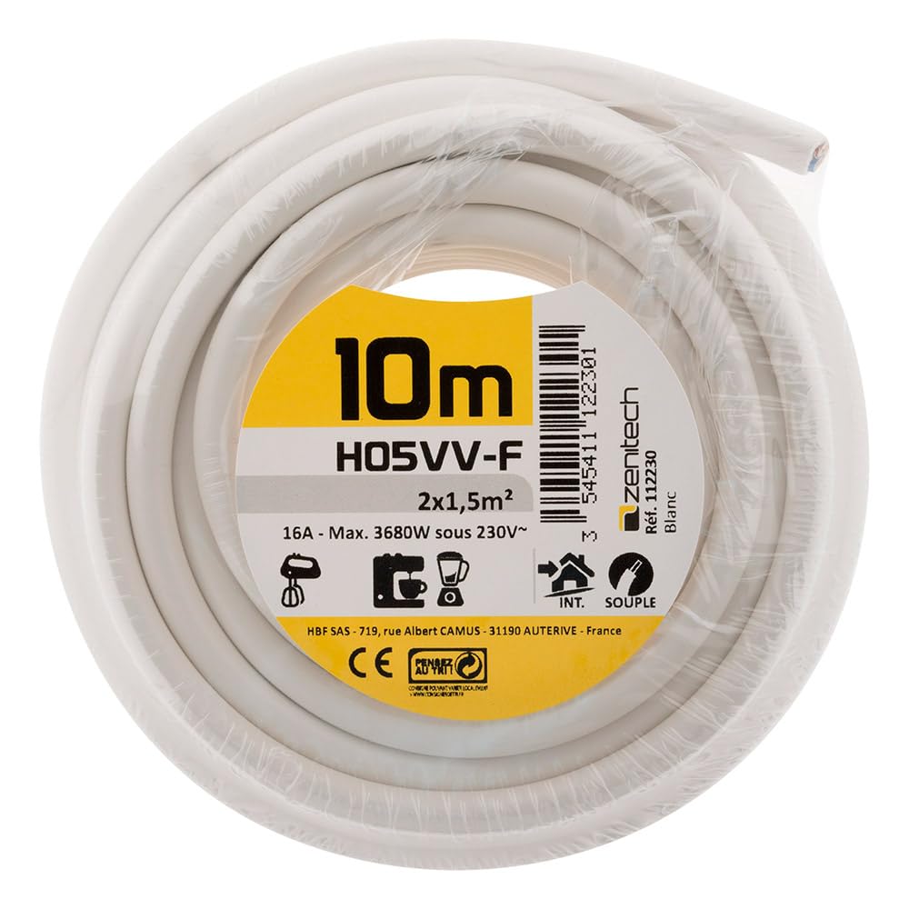 Zenitech - Cavo di Alimentazione Elettrico H05VV-F 2x 1,5mm² - Struttura Piatta - Uso Interno - Isolamento in PVC - Per Elettrodomestici e Collegamenti Domestici - 10m - Bianco