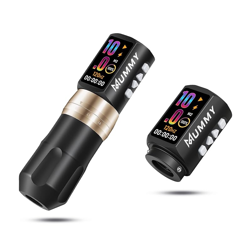 Máquina de tatuagem tipo caneta Mummy sem fio preta, curso ajustável de 2,4 a 4,2 mm