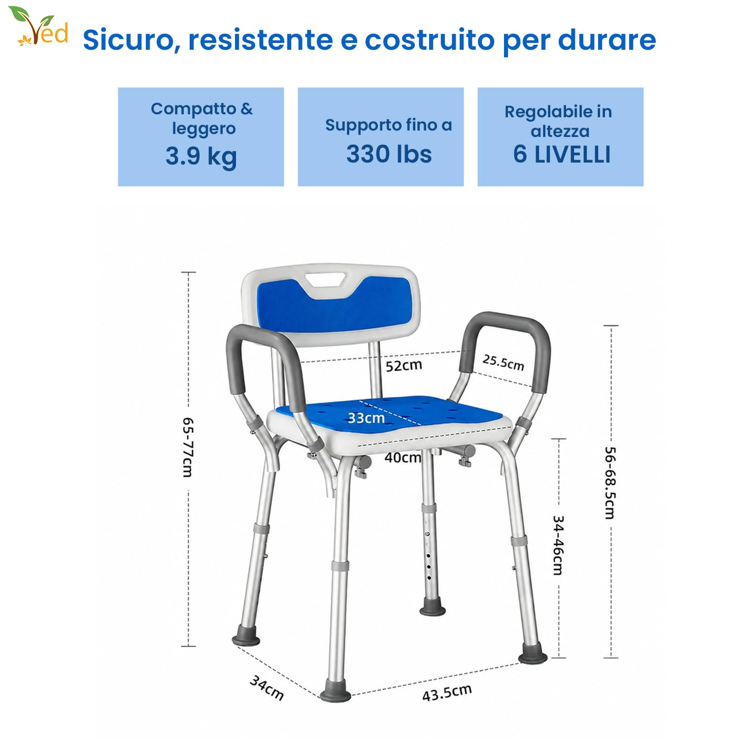 VED Sedia da Doccia Regolabile in 6 Altezze con Braccioli Imbottiti e Piedini Antiscivolo per Anziani, Disabili e Donne Incinte, Capacità 150 kg
