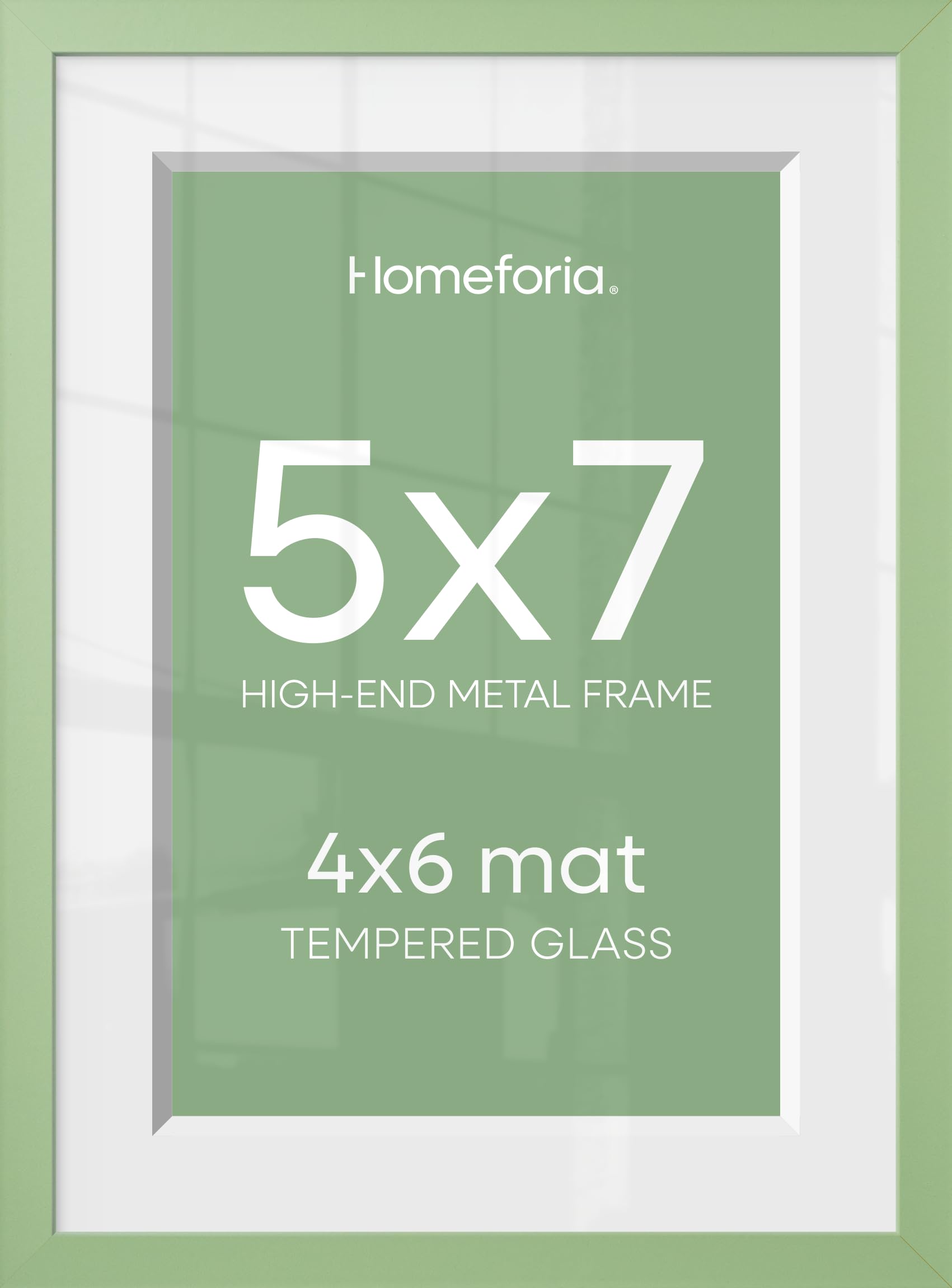 Homeforia 5x7 Green Picture Frame, High-End Metal, 4x6 Mat, Glass | High End Aluminum, Tempered Glass, Acid-Free 4x6 Removable Mat, 5x7 in Edge-to-Edge Display 7x5, Wall Kit, Set Of 1