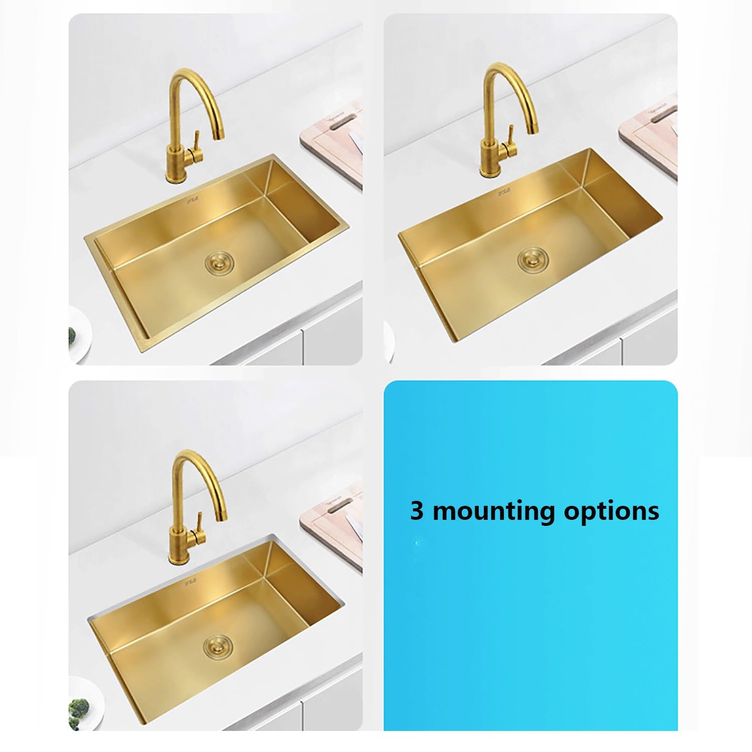 Lavello da cucina in oro Lavandino in Acciaio Inox Vasca Unica Lavabo da Cucina Incasso al mobile Lavandino Commerciale Con miscelatore Cestello di scarico for cucine,balconi,bar(60*40cm(23.6"*15.7"))