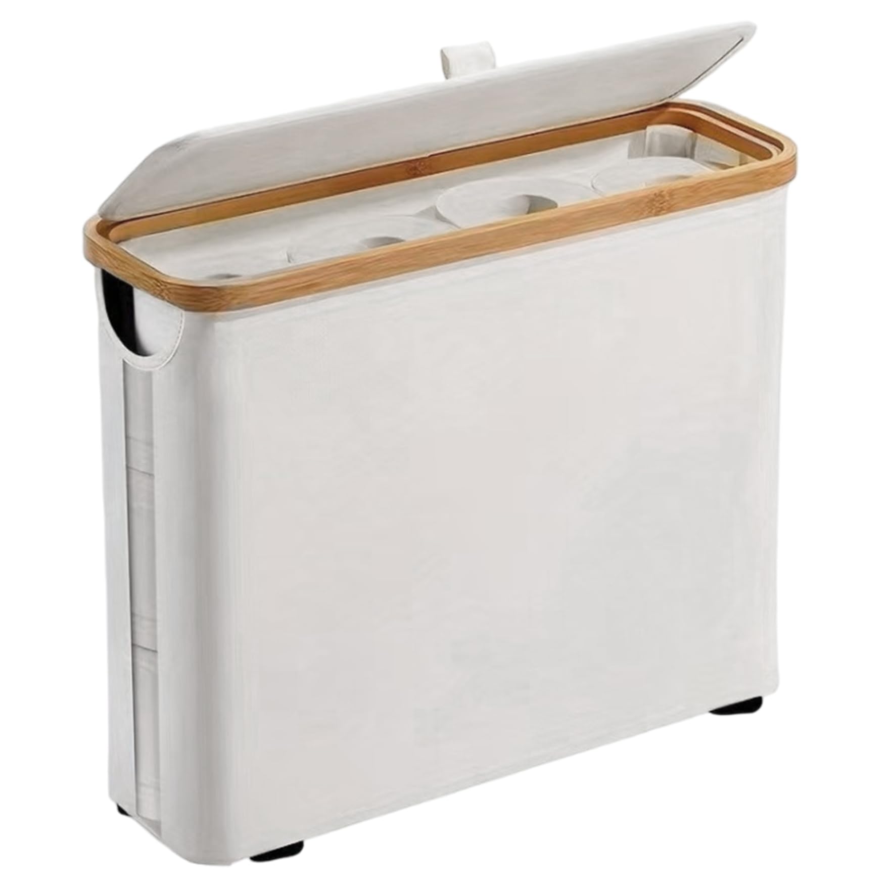 Almacenamiento de papel higiénico, cesta apilable de 12 rollos para pañuelos de baño con tapa de bambú, almacenamiento de papel blanco que ahorra espacio para el hogar organizado, cesta de inodoro