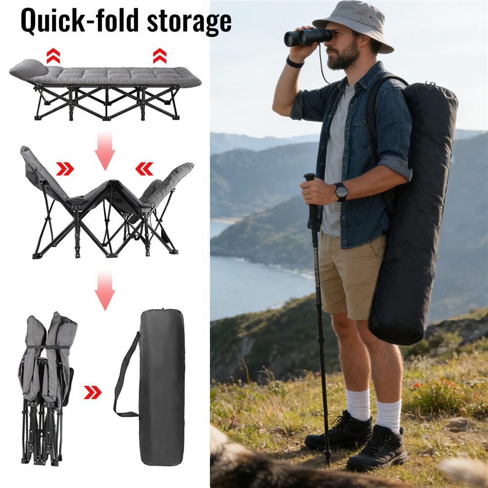 Lit de Camping Pliable avec Oreiller et Poche Latérale, Lit de Camp Rembourré 190 x 65 cm, Cadre en Acier jusqu’à 200 kg, Lit d’Appoint Portable avec Sac de Transport pour Camping, Jardin, Bureau