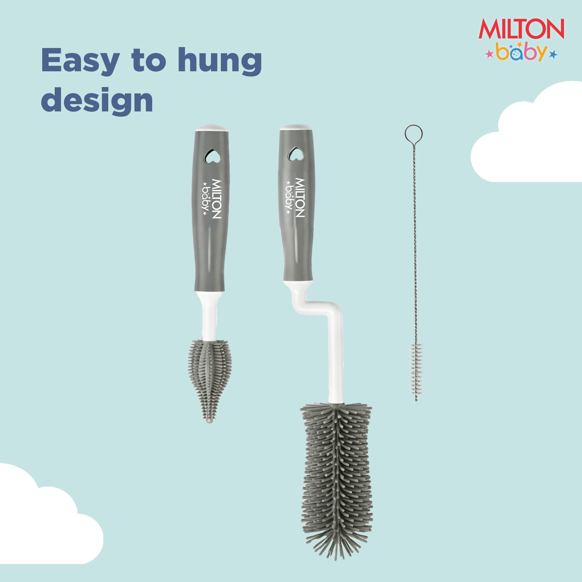 Milton Baby Silicone 3-in-1 Bottle Brush Set | 360° Movable Long Handle | Bottle, Nipple & Straw Cleaner | BPA-Free, Food Grade I Scratch-Free Soft Bristles for Narrow & Wide Neck Bottle I Grey 4
