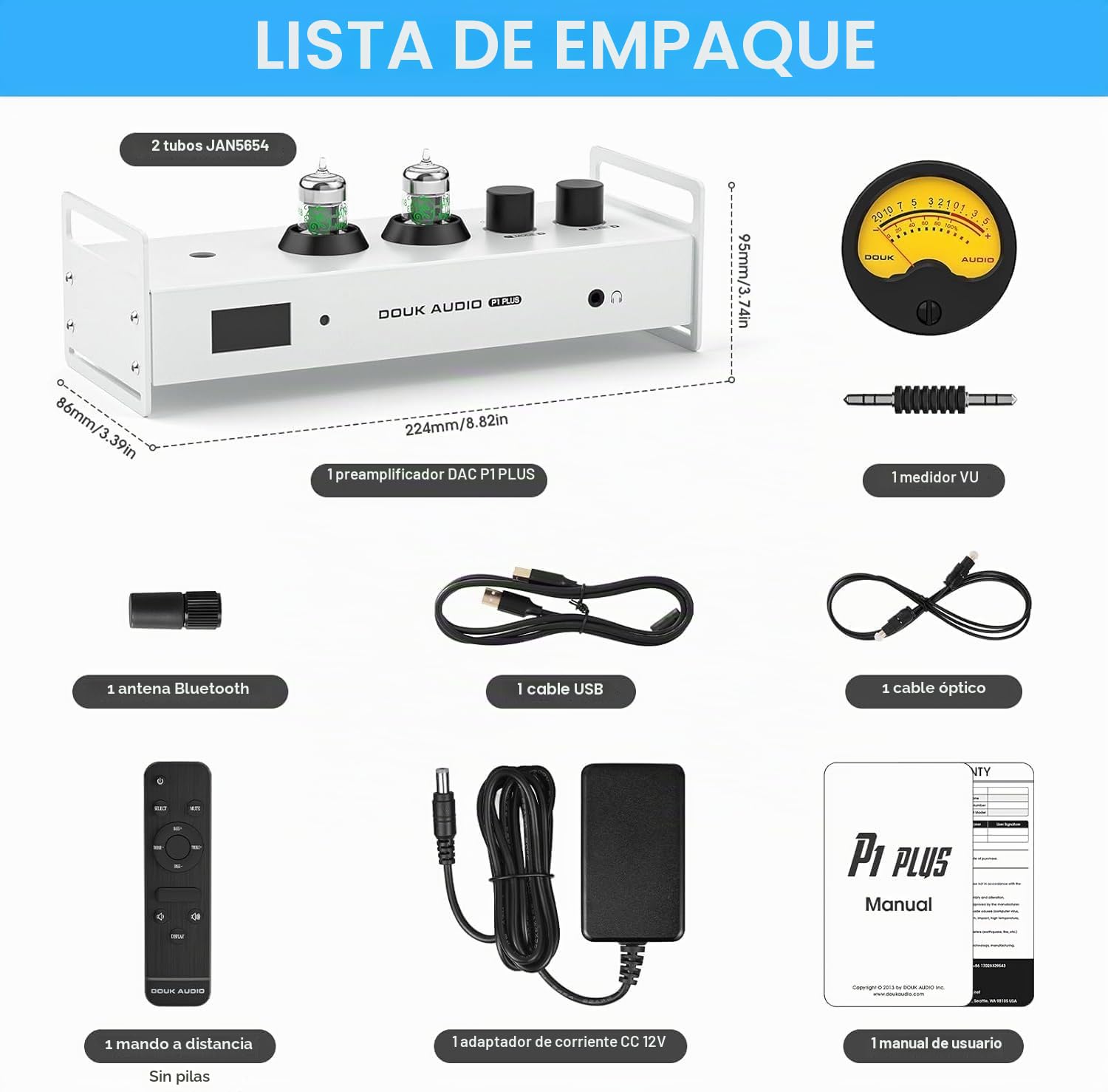 Douk Audio P1PLUS - Preamplificador de tubos con Bluetooth Amplificador para auriculares USB DAC con VU Meter DSD256