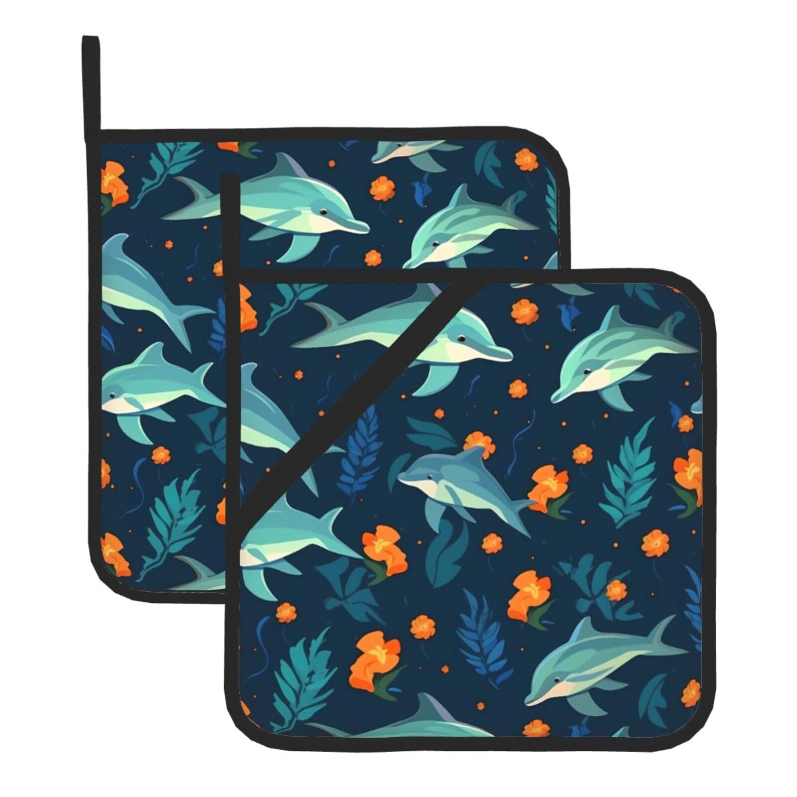 HJFCZH Blue Play Dolphin Printed Square Insulated Pot Mat Set (2-Piece) 8x8in Waterproof, Thickened & Easy to Clean with Lanyard Design for Kitchen, Oven & BBQ