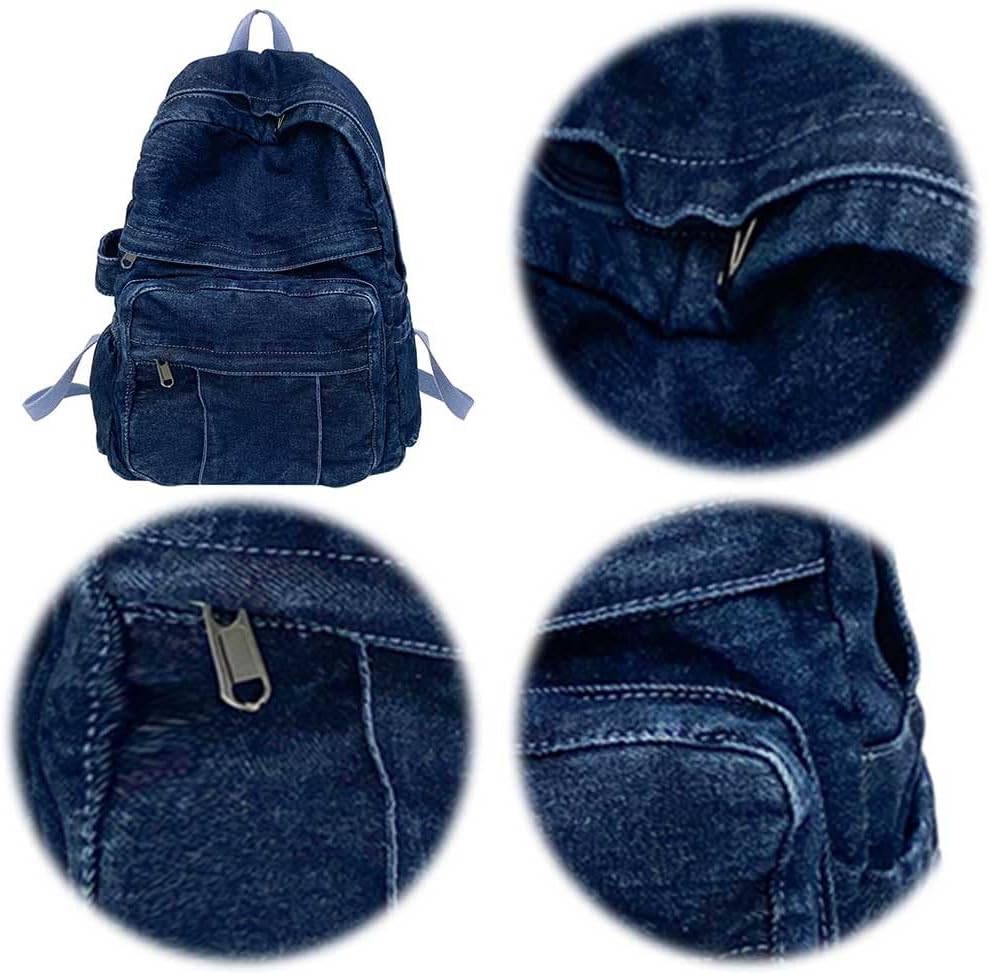 Women Jeans Shoulder Bag Large Capacity Denim Retro Tote Bag Adjustable Strap Laptop Backpack Female Daily Backpack (Dark Blue)