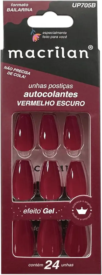 Unhas postiças formato bailarina com adesivo - vermelho escuro - Plástico ABS