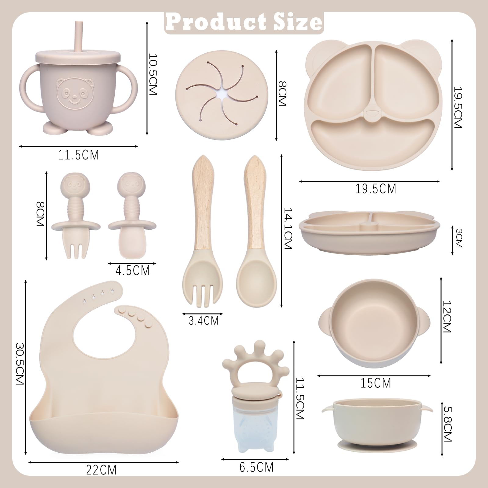 10 Pièces Coffret Repas Bebe Silicone, Assiette bebe Set Vaisselle Assiette ventouse pour bébé, Bavoir Silicone Bebe, fourchettes, Enfant Set Couverts Vaisselle Pour Sevrage Manger (Beige)