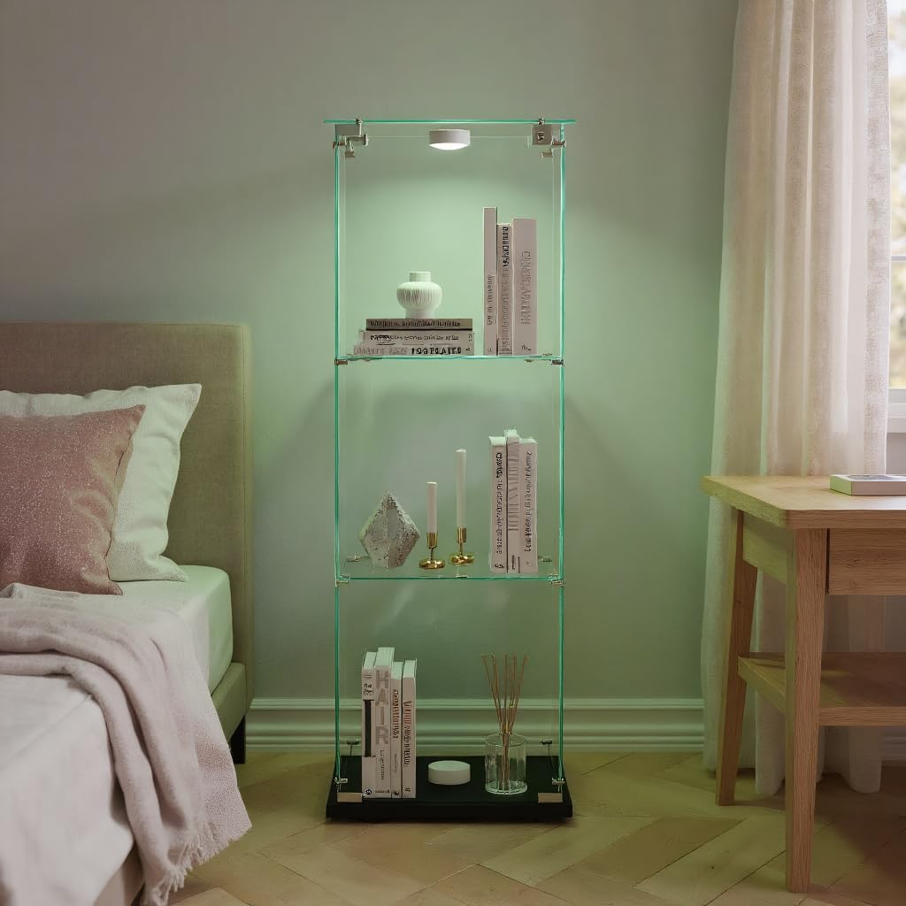 Vitrina de cristal con luces LED moderna, armario de 3 estantes y puerta, pared para colección, dormitorio, salón y comedor, 123 x 40 x 35 cm, color negro