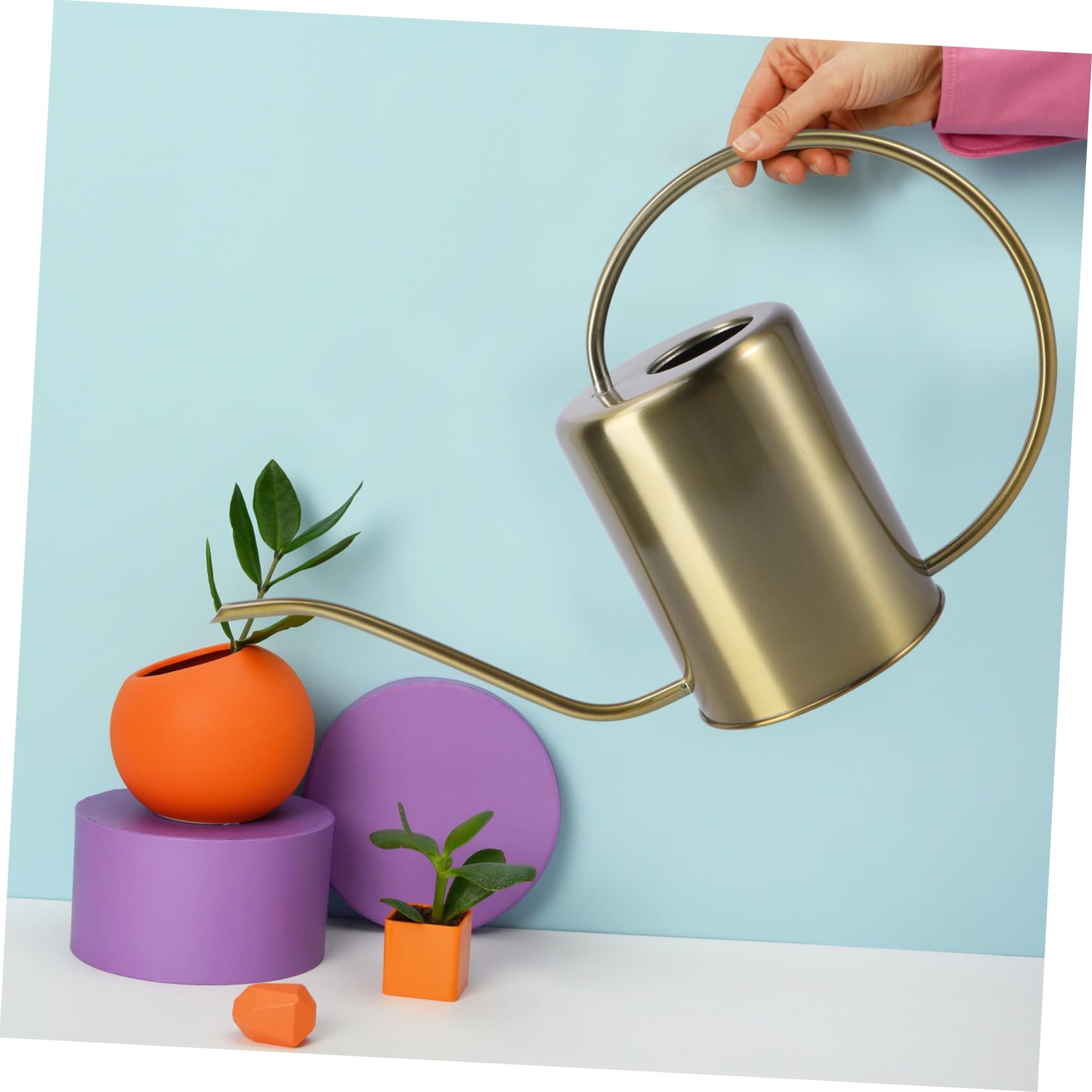 Annaffiatoio senza Perdite in Acciaio Inox Oro Beccuccio 2000ml Manico Ergonomico, Antiruggine per Giardino e Casa