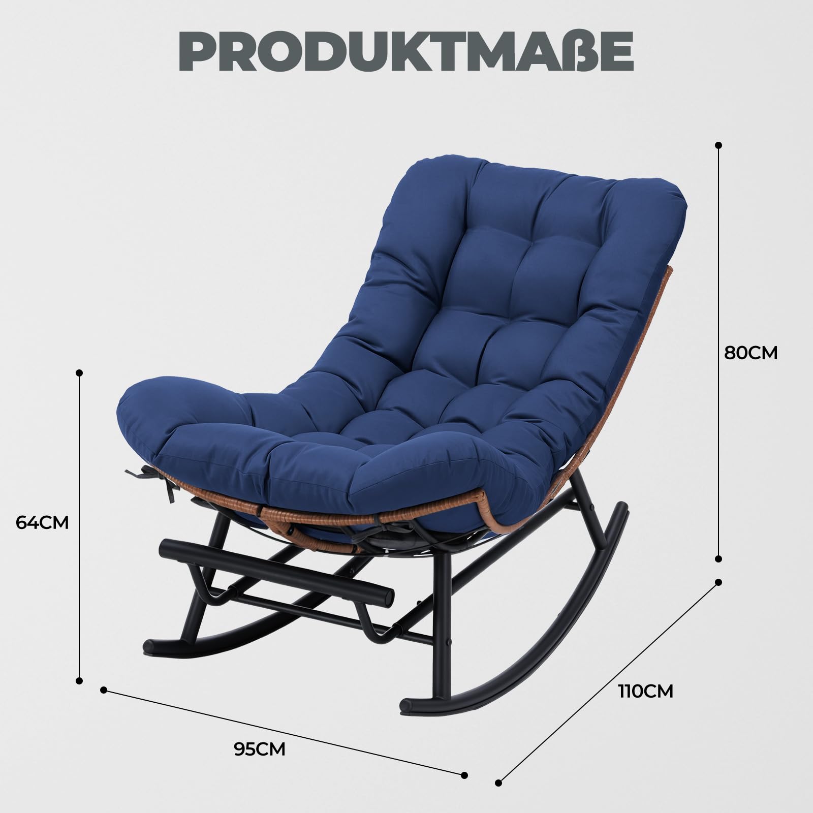 COMHOMA Übergroßer Schaukelstuhl, breite Schaukelliege mit extra dickem Sitzkissen, bequemer Loungesitz für den Innen- und Außenbereich, Wohnzimmer, Terrasse, Garten, Veranda (blau)