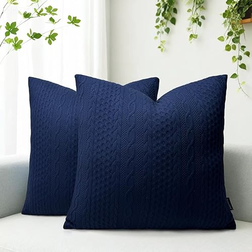 Booque Valley Sofa Pillow Covers, Pack of 2 Super Soft Elegant Modern Embossed Patterned Cushion Covers Throw Pillow Cases for Couch Bed Car Chair, 18 x 18 inch(Navy Blue)