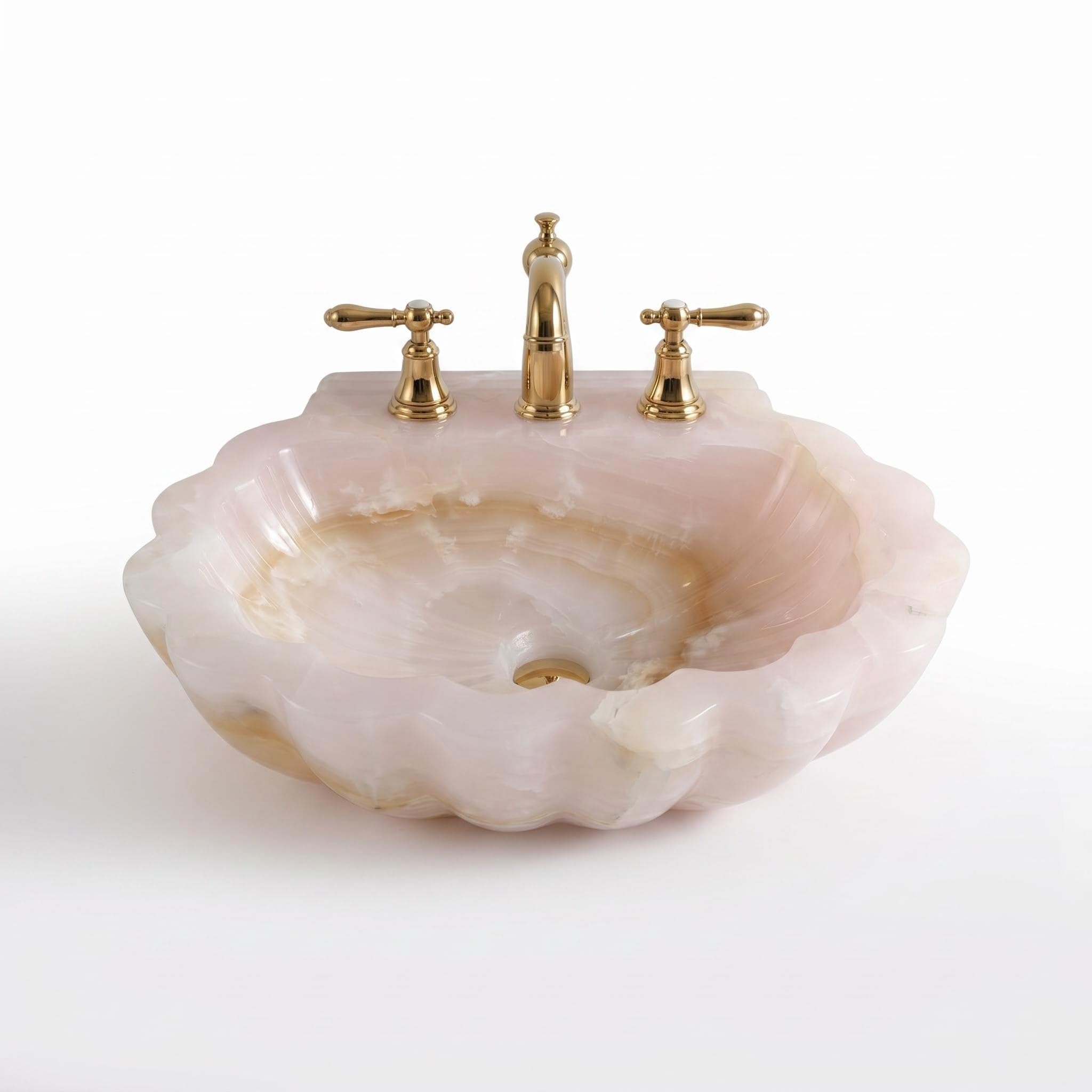 Lavandino da parete in onice rosa con design floreale