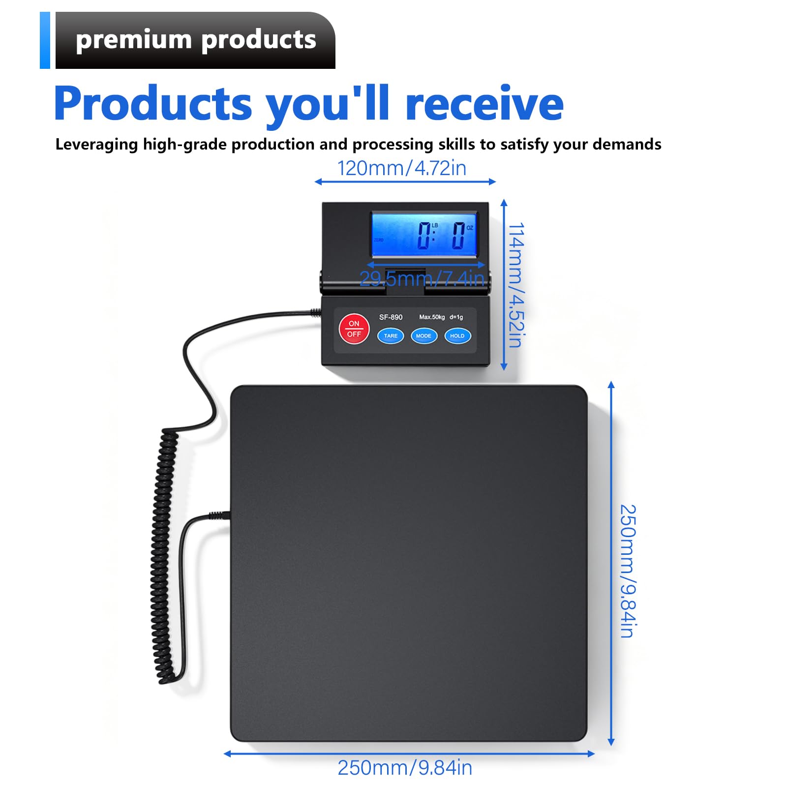 Bilancia per pacchi, 50 kg | D=2 g - Bilancia da piattaforma ad alta precisione, bilancia digitale per posta con display LCD esterno pieghevole, incl. batteria e cavo USB per pacchi/bagagli/ufficio