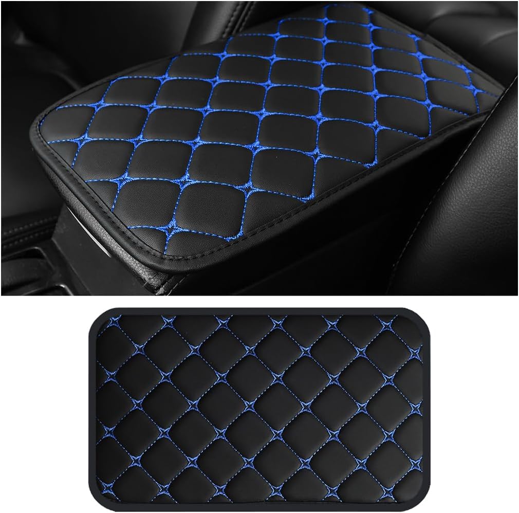 HZEL Car Center Console Cushion Pad, PU Leather Vehicle Armrest Protection Cover, Waterproof Automotive Interior Arm Rest Seat Box Mat Accessories, Universal for SUV, Sedan, Truck (Black/Blue)