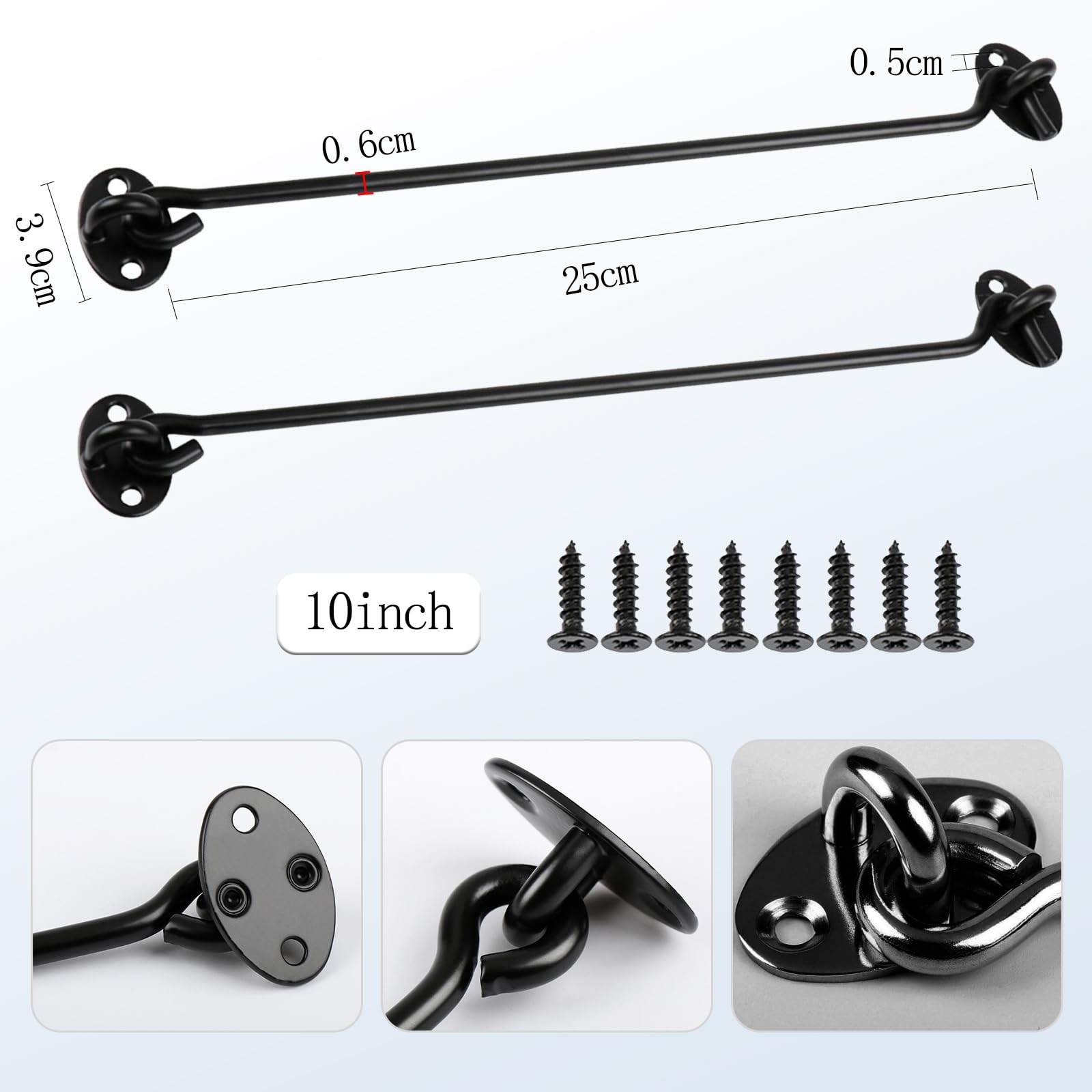 BMYUK 2PCS Hook and Eye Latch Stainless Steel Gate Hook Cabin Hooks for Sliding Door Bedroom Bathroom Windows Gates Black (10 inch) - Image 2