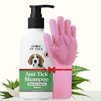 Anti Tick & Flea Pet Shampoo + Pink Bath Gloves 250ml, Neem & Herbal Formula for Dogs & Cats, Tick Removal, Itch Relief, Paraben-Free, for Puppies & Adult Pets