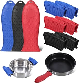 OUNONA Silicone Pot Handle Covers Set - 3 Heat Resistant Non-Slip Pan Handle Sleeves and 3 Pot Grips Easy to Clean Fits Cast Iron Skillets Frying Pans Dutch Ovens
