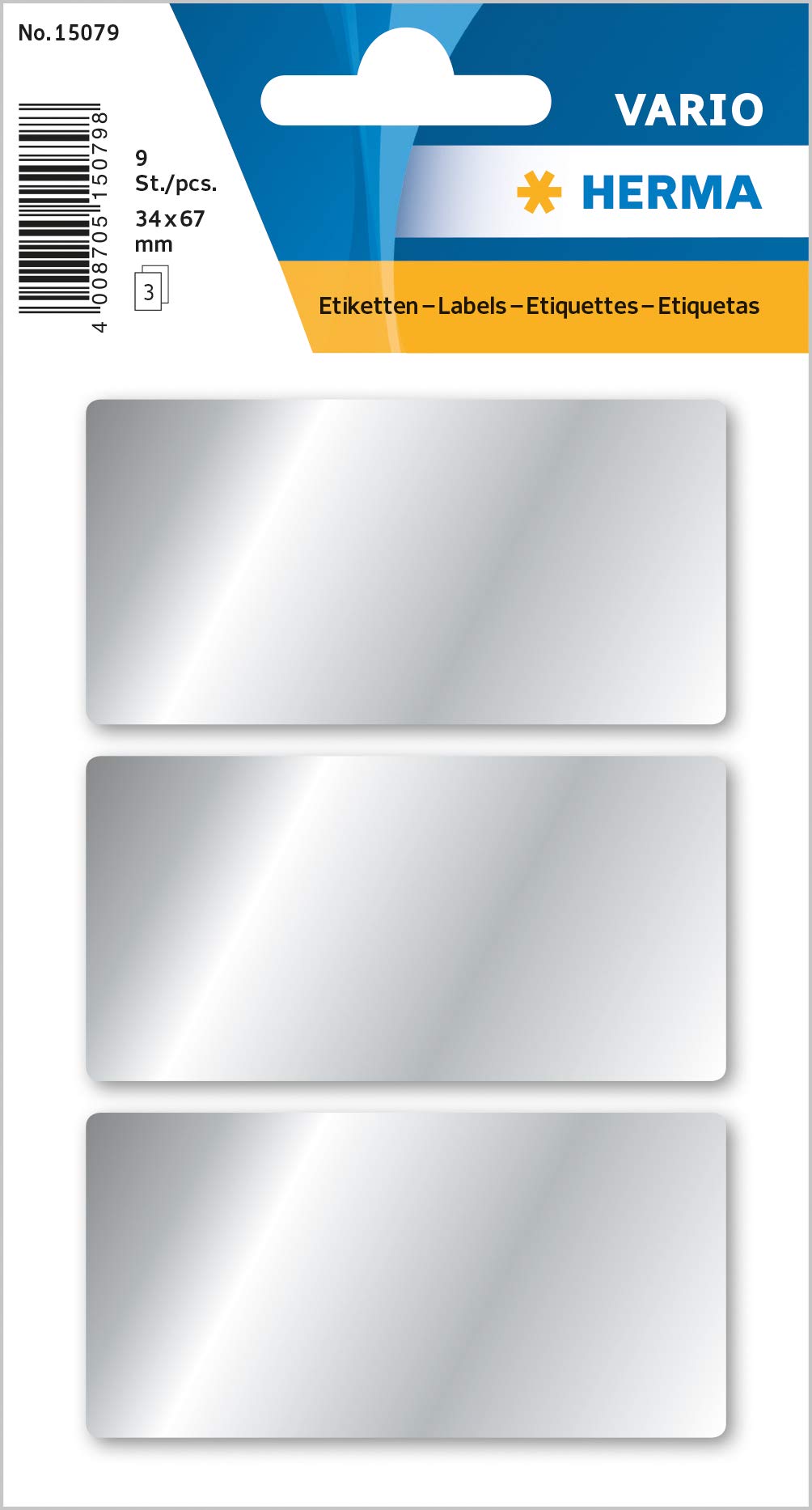 HERMA Coloured Labels, 3 Labels per Sheet, 3 Sheets, 34 x 67 mm, 9 Labels, Self Adhesive Large Labels Stickers, Blank Sticky Multi Purpose Labels for Office Kitchen Home, Silver