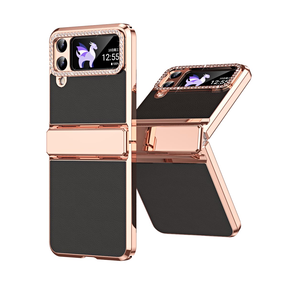 SONIGRA for Galaxy Z Flip 4 Bling Case with Hinge Protection, Girls Women with Bling Camera Protector Luxury PU Leather Plating PC Slim Case for