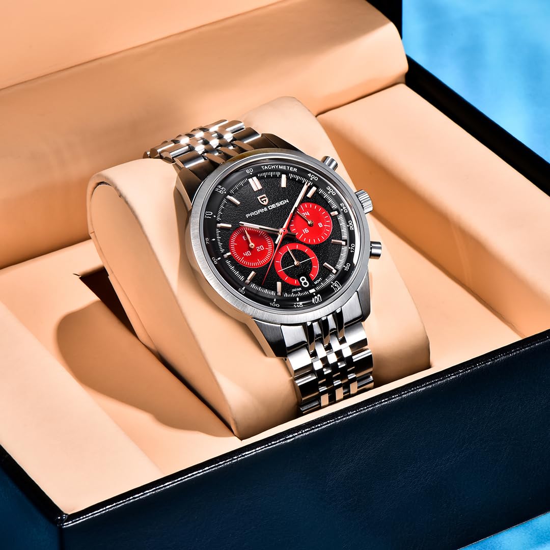 Pagani Design 1827 - Orologio cronografo da uomo, al quarzo, movimento giapponese VK63, cassa in acciaio inox, impermeabile fino a 100 m, quadrante luminoso, datario, sportivo, casual
