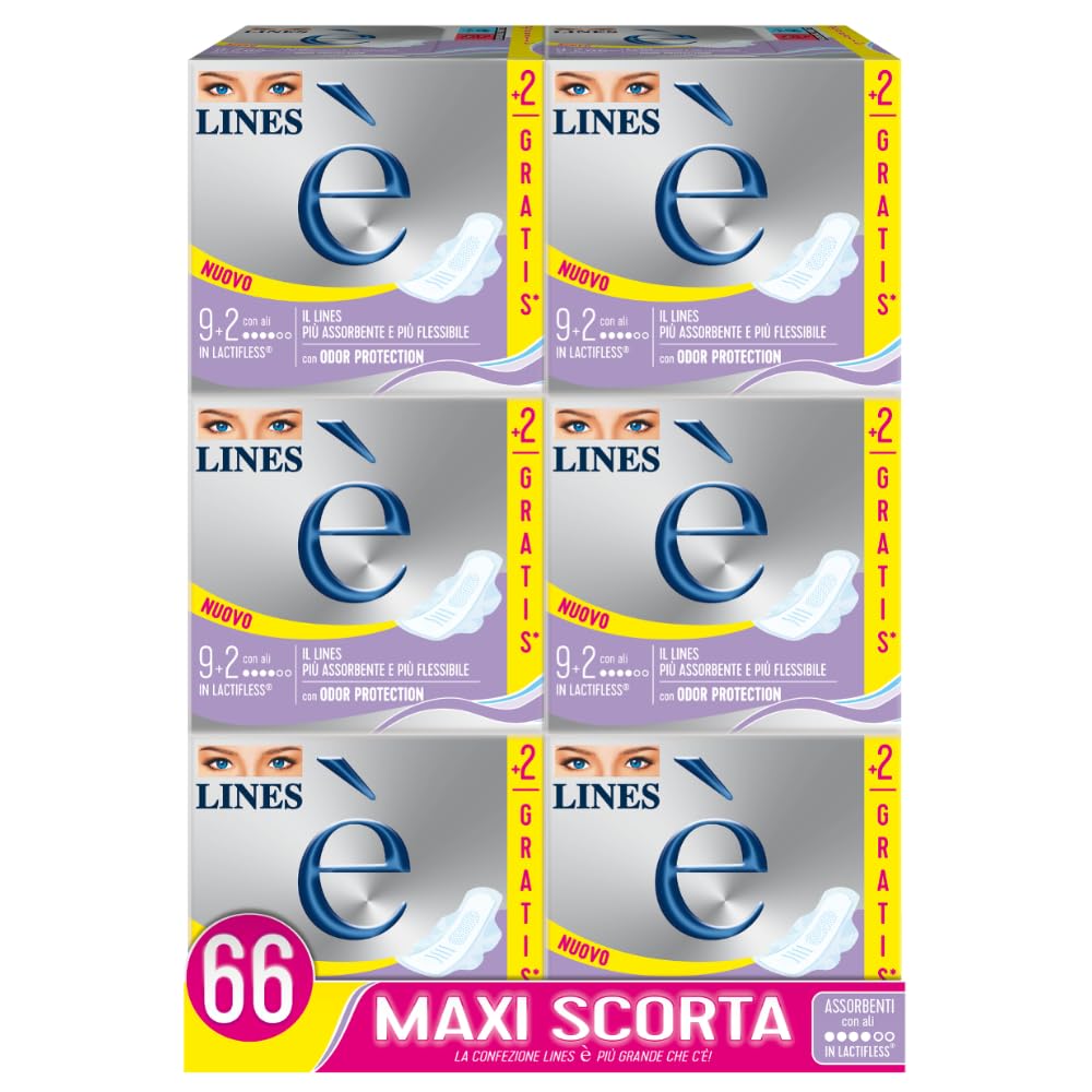 LINES È GIORNO con ali, Pacco scorta da 66 assorbenti per ciclo mestruale, l'unico con struttura in Lactifless, il più assorbente e flessibile della gamma Lines, con Odor Protection