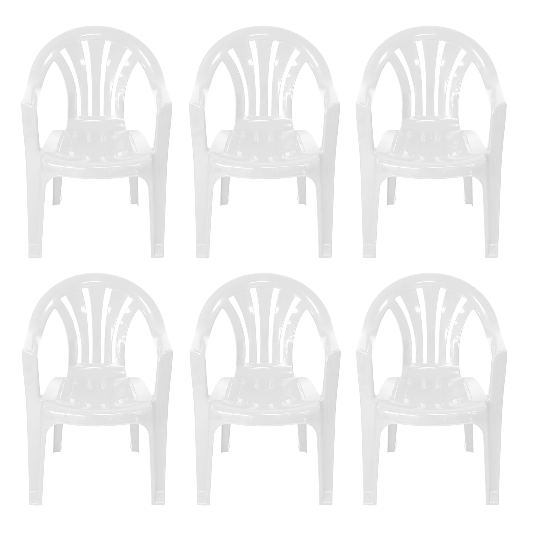 Stackable Low Back Plastic Garden Chairs - WHITE - Set of 6 Chairs for Indoor or Outdoor Use.
