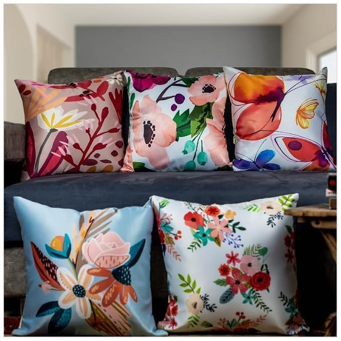 Image of Decorative Satin Sofa Cushion Covers Set of 5, 16 x 16 Inches, Multicolor Floral Printed Pillow Covers for Living Room, Bedroom, Couch & Sofa, Soft Glossy Fabric, Zipper Closure