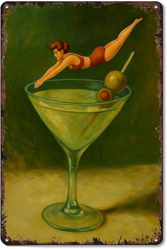 Pin-Up Girl Martini Dive Art Print 8x12 Inch Aluminum Metal Tin Signs Funny Vintage Poster-For Living Bathroom Room Kitchen Bedroom Garden Wall Decor