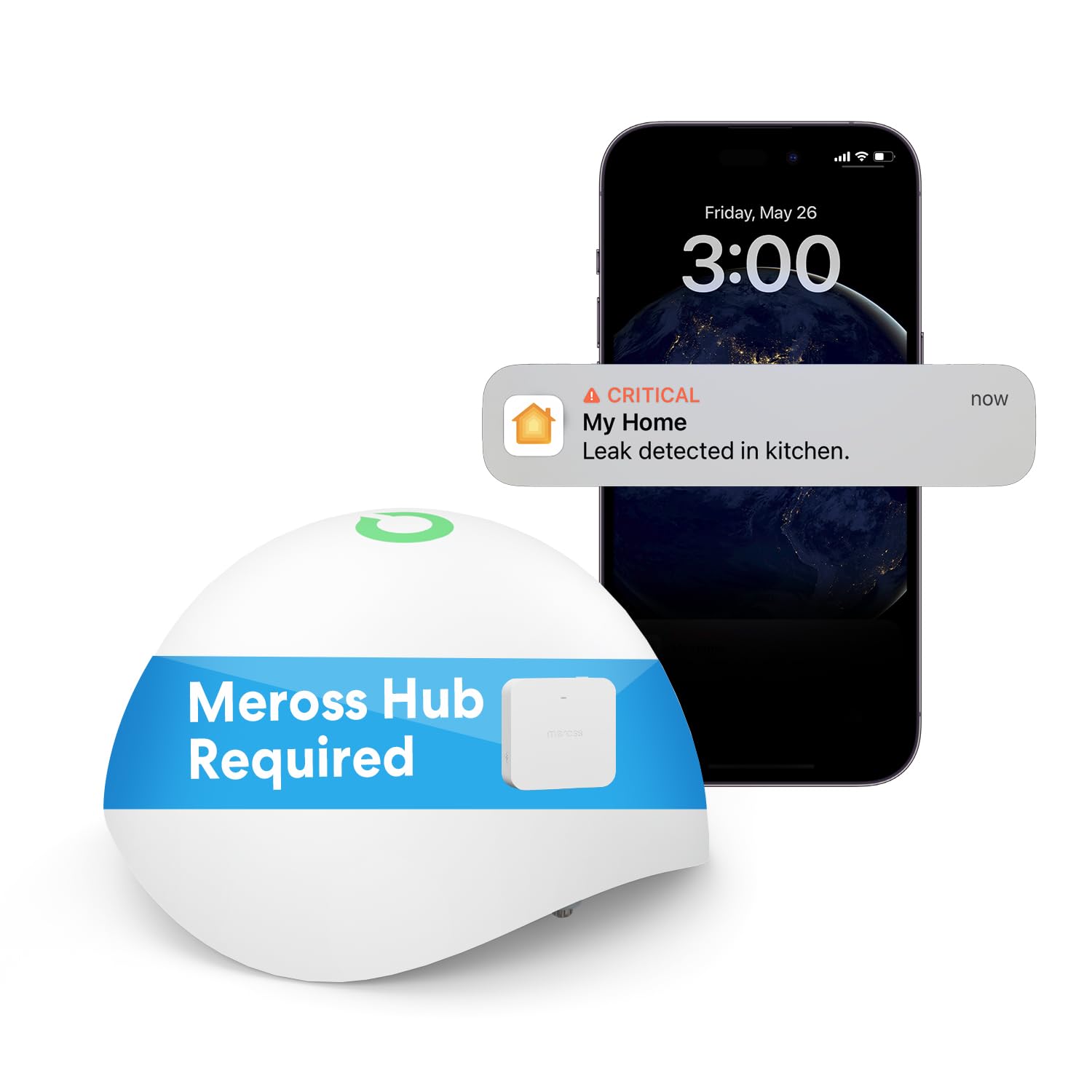 Smart Wassermelder meross Wassersensor Hub benötig Drahtloser Flutdetektor IP67, bis 60dB Audio-Alarm für Küche, Badezimmer, Keller (extra Hub benötig)