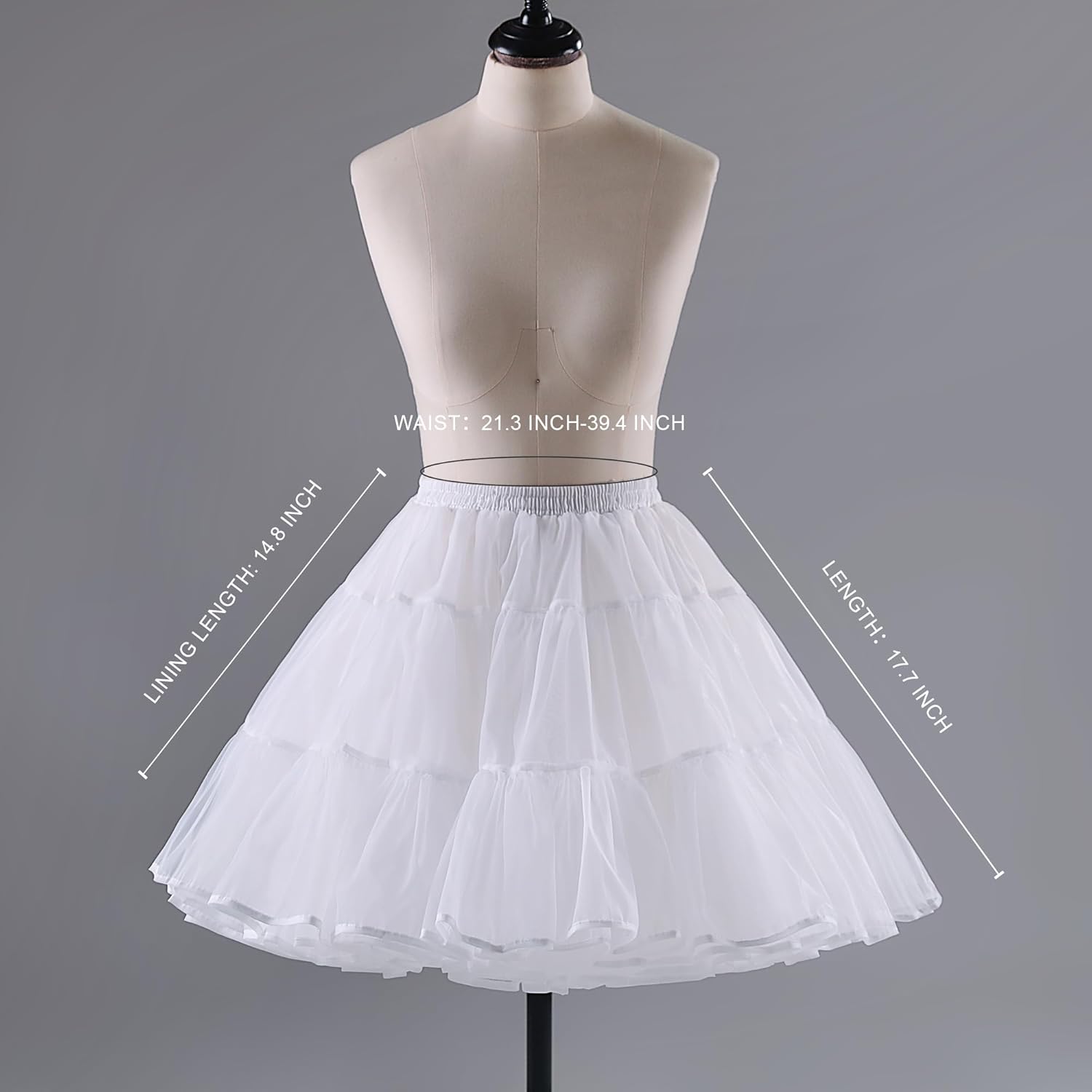 NOLORIA Medium-High Volume Short Puffy Lolita Petticoat with Cotton Lining, 17.7" Lightweight Hoopless Crinoline Underskirt for Dresses and Costumes White