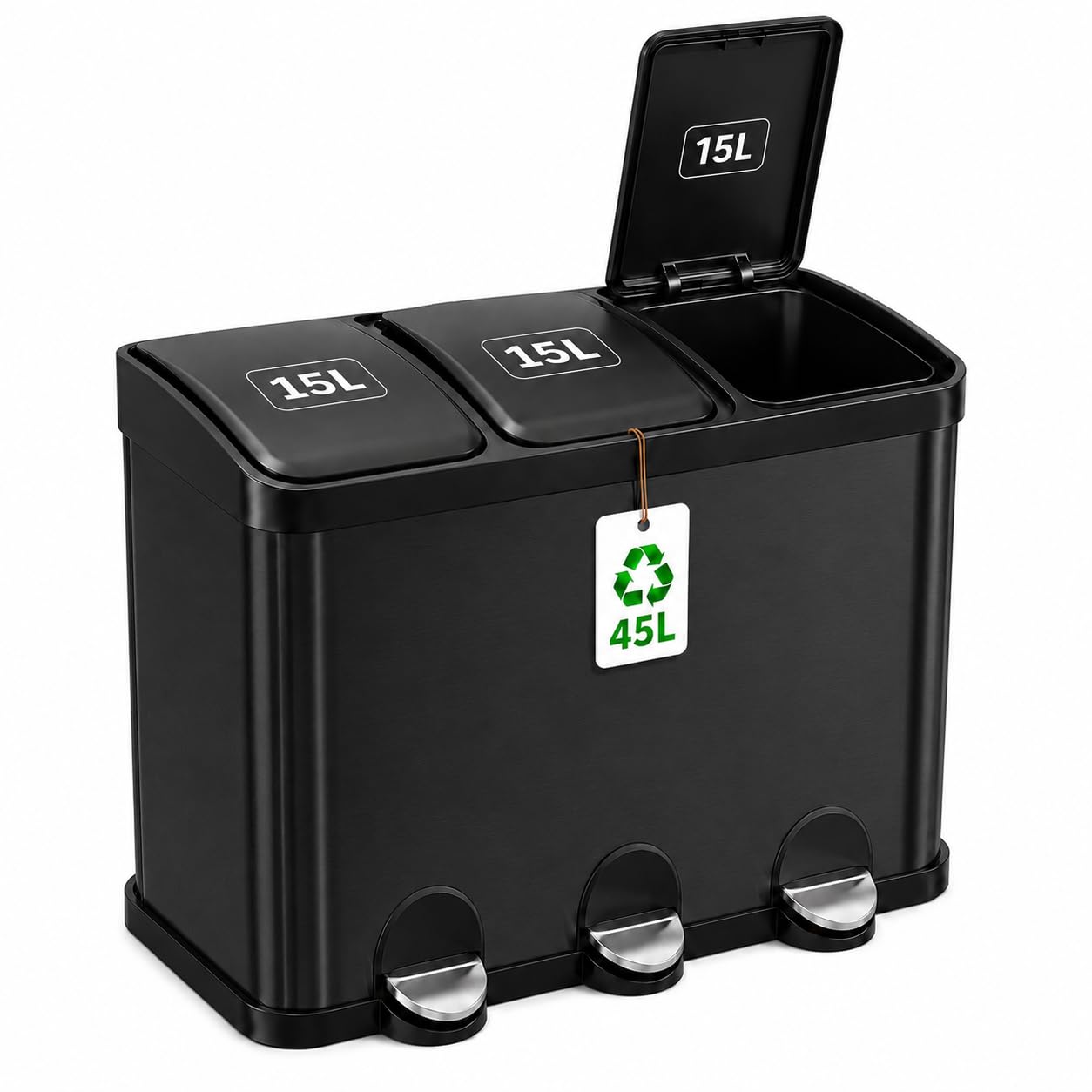 Amig - Dreifacher Mülleimer mit Pedalen 45 Liter Mod. RECIK3-3 herausnehmbare 15-Liter-Fächer - Recyclingbehälter für die Küche - Stahl - 60 x 37 x 49 cm - Mattschwarz