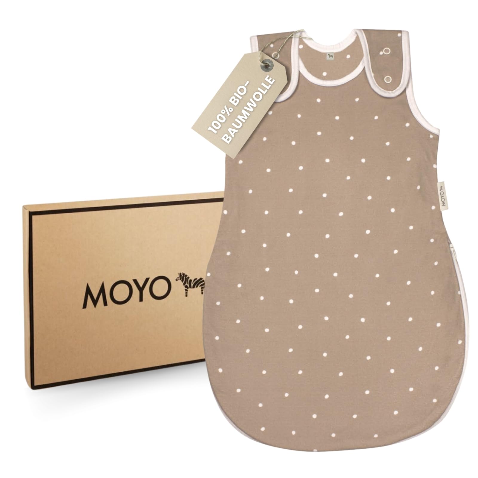 MOYO Baby Schlafsack in Taupe mit Tupfen I Atmungsaktiver Sommerschlafsack 1.0 TOG in 62/68 I Kinder-Schlafsack aus 100% Bio-Baumwolle I 
