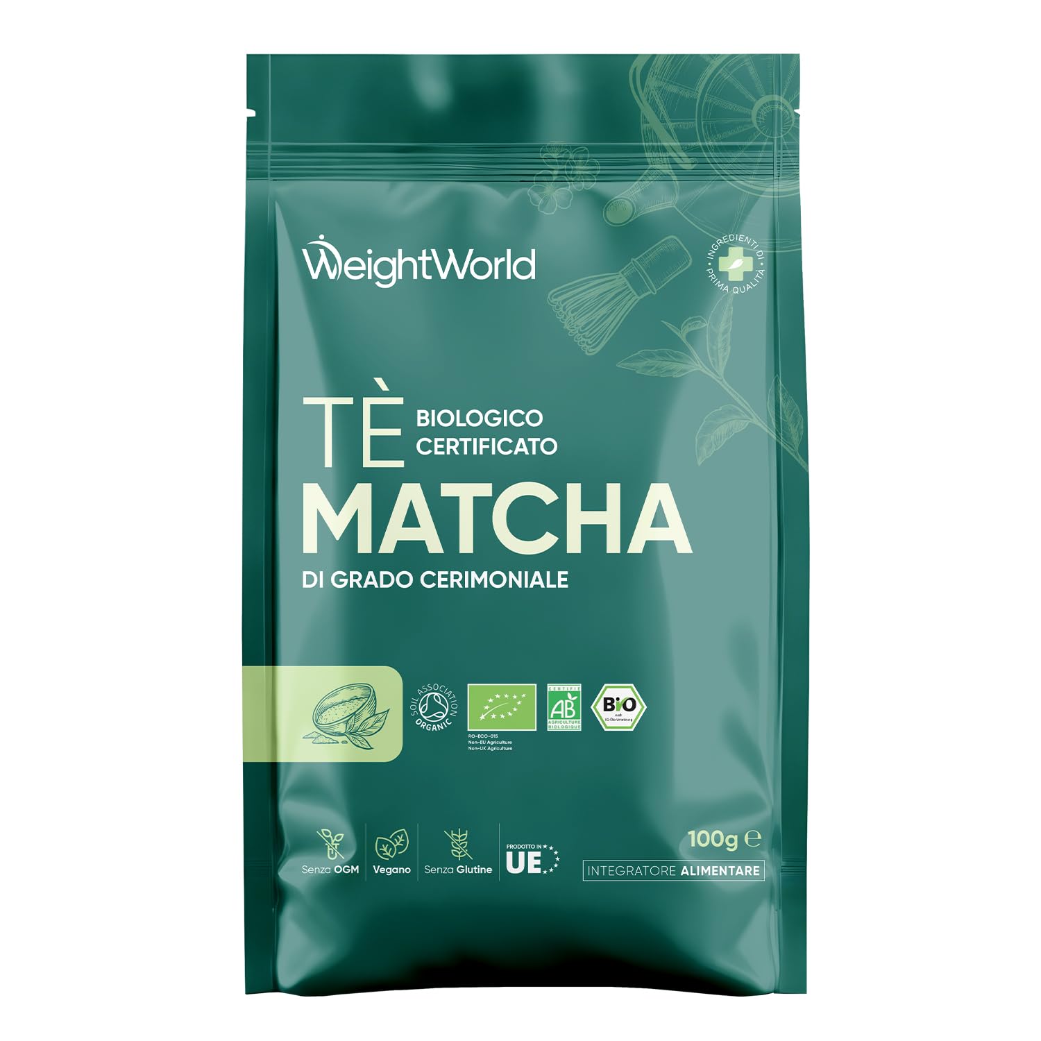 Matcha Cerimoniale Vegano e Biologico, 100g, Certificato dalla Soil Association, The Matcha Polvere Cerimoniale da Aggiungere a Dolci, Frullati e Bevande, Privo di Magnesio Stearato, Senza Glutine